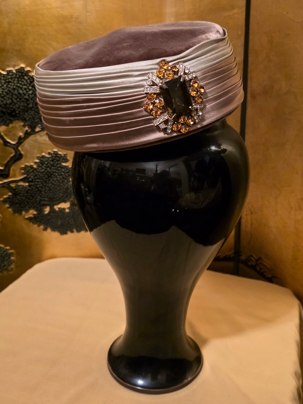 Vintage Luci Puci Satin Pillbox Hat with Jeweled Brooch - Taupe Beautiful!